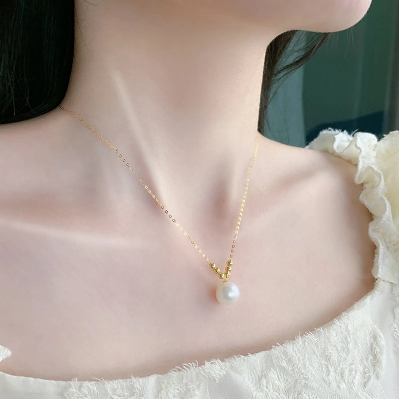 Pure 18k Yellow Gold  7.5-9.5mm  Natural freshwater Pearl Necklace pendant
