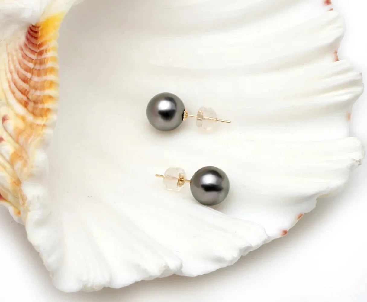 Real 18k/AU750 gold pearl earrings, round Tahitian black pearl earrings 8-9mm 9-10mm 10-11mm