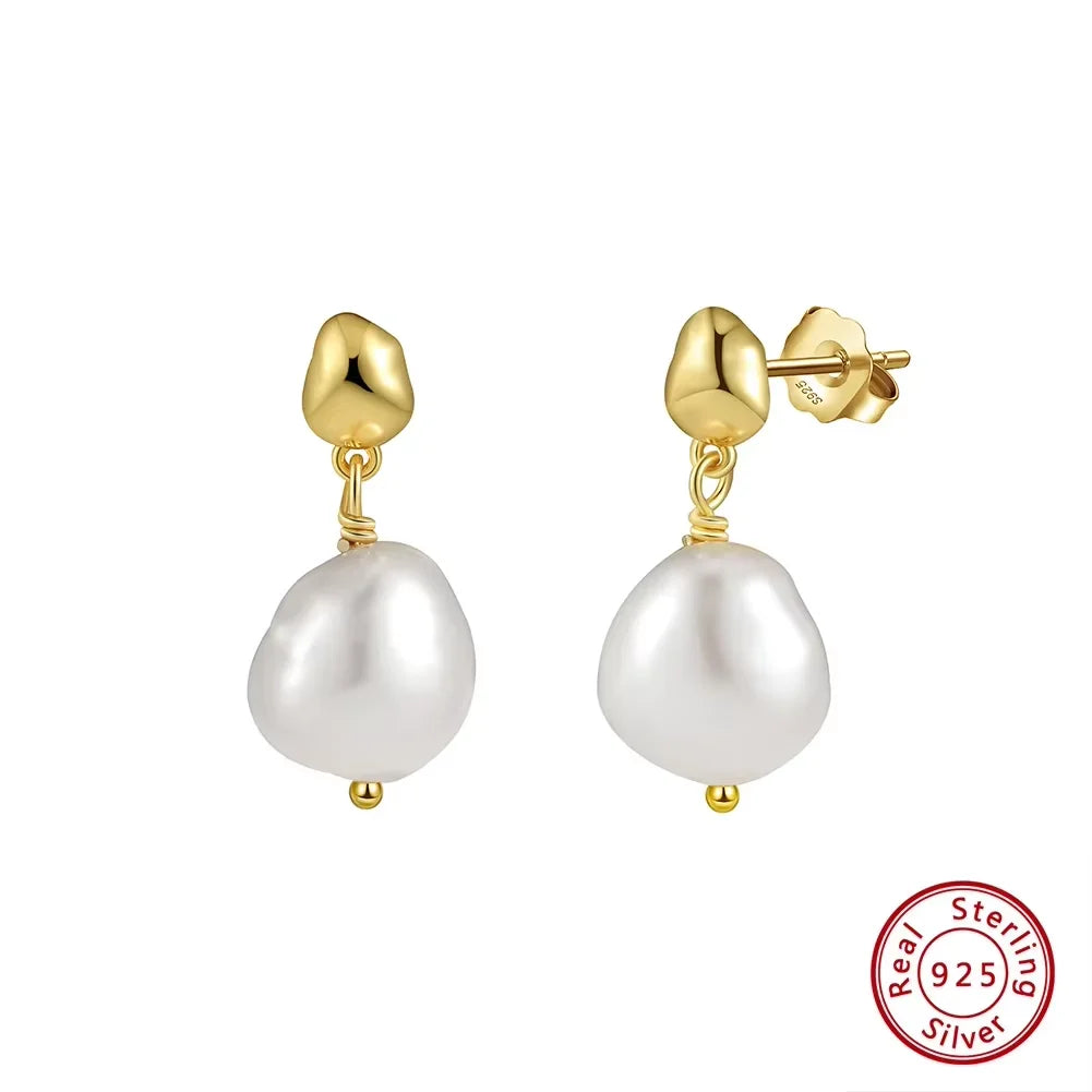925 Sterling Silver Freshwater Pearl Jewelry Set Piercing Drop Earrings Gold Plated Necklace