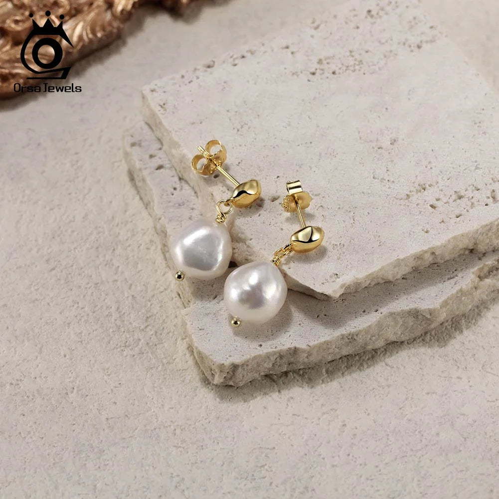 925 Sterling Silver Freshwater Pearl Jewelry Set Piercing Drop Earrings Gold Plated Necklace
