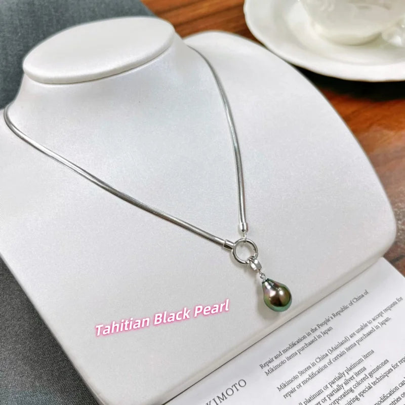 9-10 mm Nature Tahitian BLACK Pearl Pendant Necklace with S925 Silver Chain