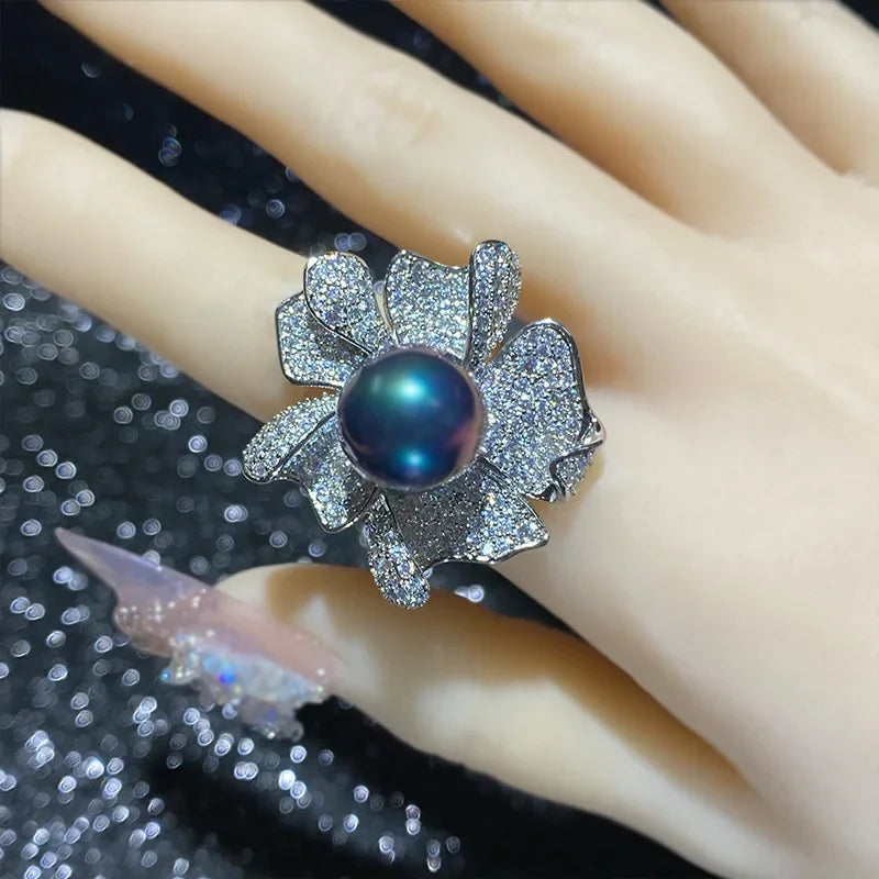 natural pearl beads ring gold-plated Tahitian black flowers temperament match finger ring