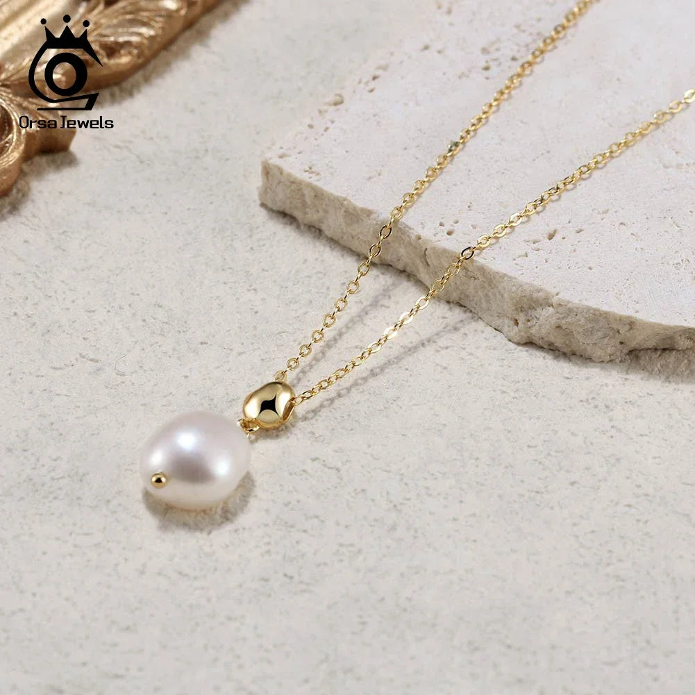 925 Sterling Silver Freshwater Pearl Jewelry Set Piercing Drop Earrings Gold Plated Necklace