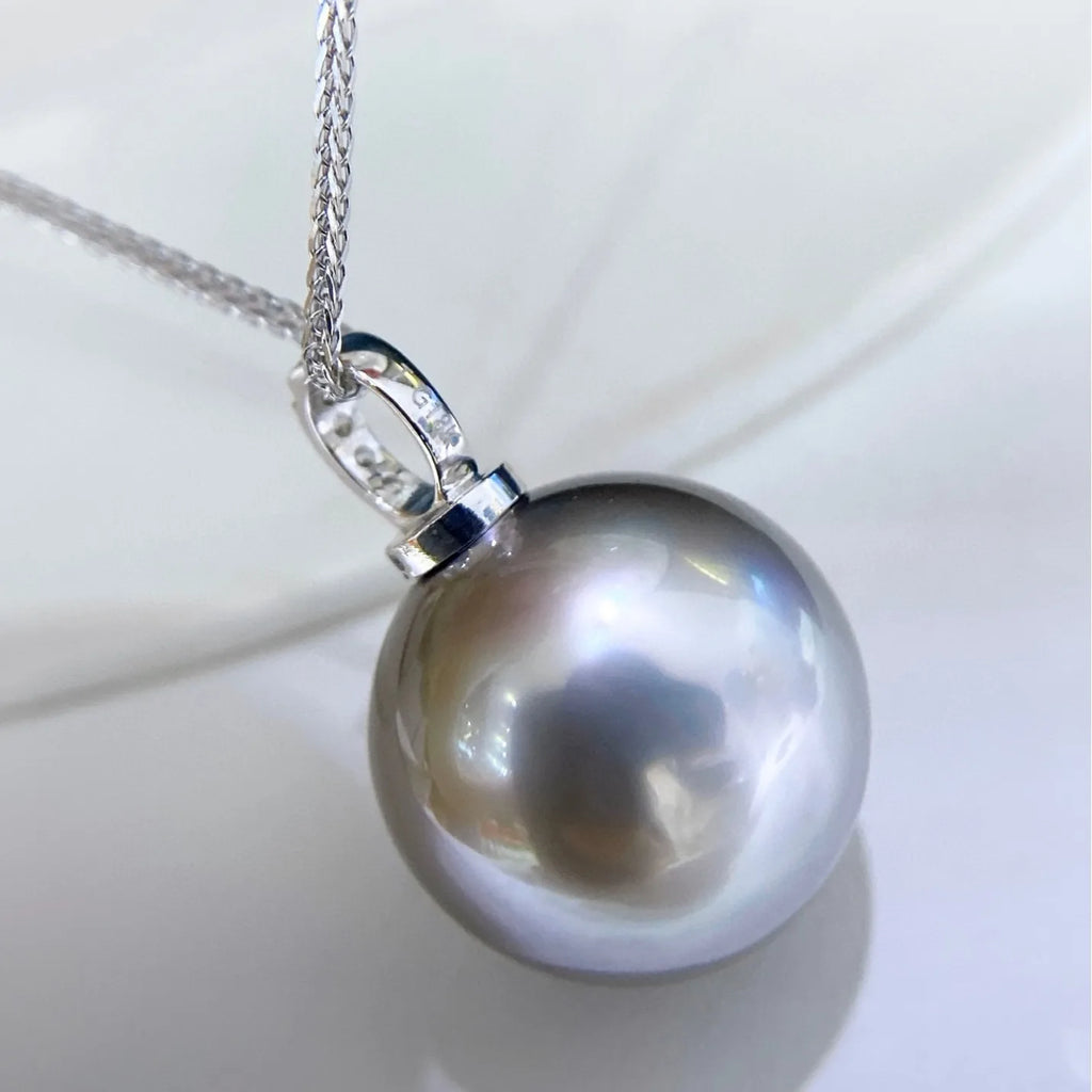 Natural Tahitian Pearl Necklace S925 Silver Platinum Gray Pendant