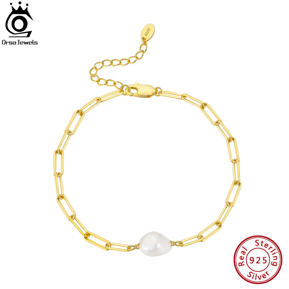 925 Sterling Silver Natural Freshwater Pearl with Paperclip Vintage Chunky Link Chain Bracelet