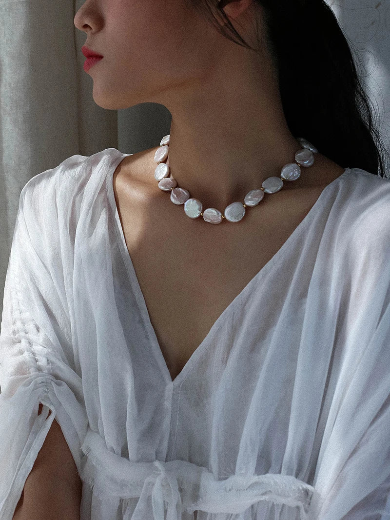 Real Natural Baroque Pearl Brass With 18K Gold Choker Necklace