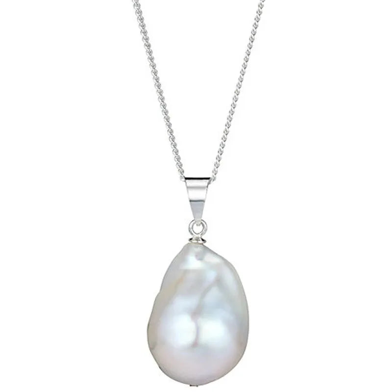 White Large FireBall Baroque Pearl 18 inches 14x20mm 925 Silver Pendent Necklace