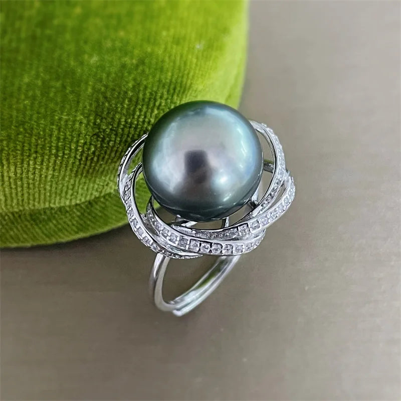 Natural Tahitian Black Round pearl AAAA+  12-13mm 925 Silver Designer Huge Ring