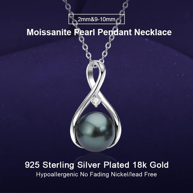 9-10mm Tahitian Black Pearl Pendant Necklace Inlaid 2mm Moissanite 925 Silver Infinity Necklace