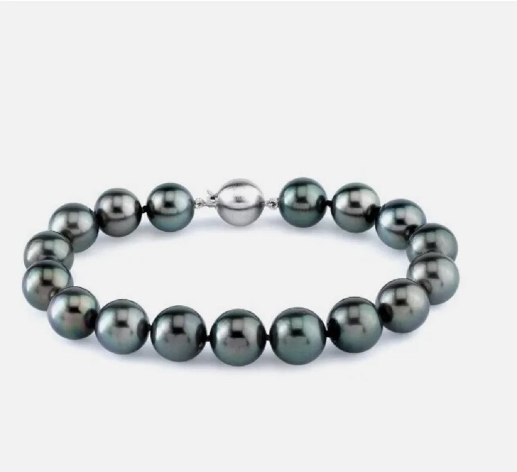 7.5" 10-9MM TAHITIAN GENUINE BLACK ROUND PEARL 925s BRACELET