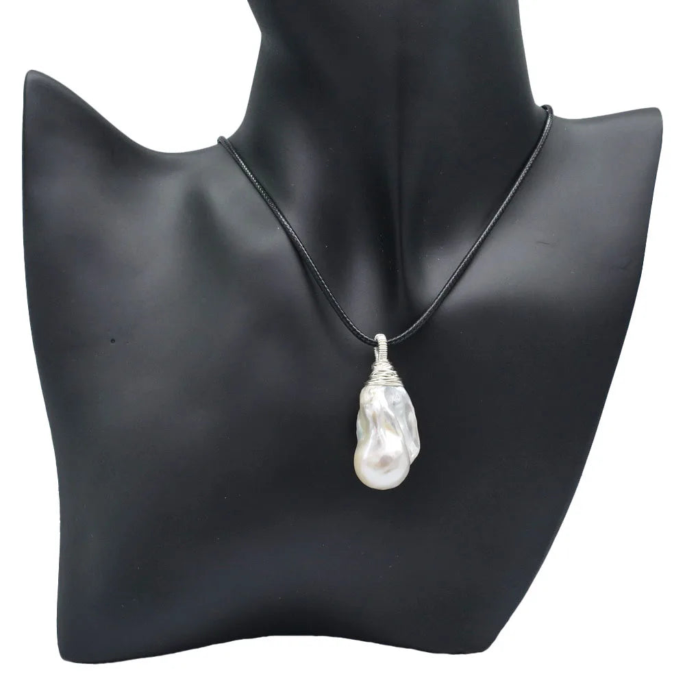 Women's Pendant White Large Baroque Pearl Sterling Silver Pendant Drop Shape Pearl Pendant Black Rope Necklace Free Shipping