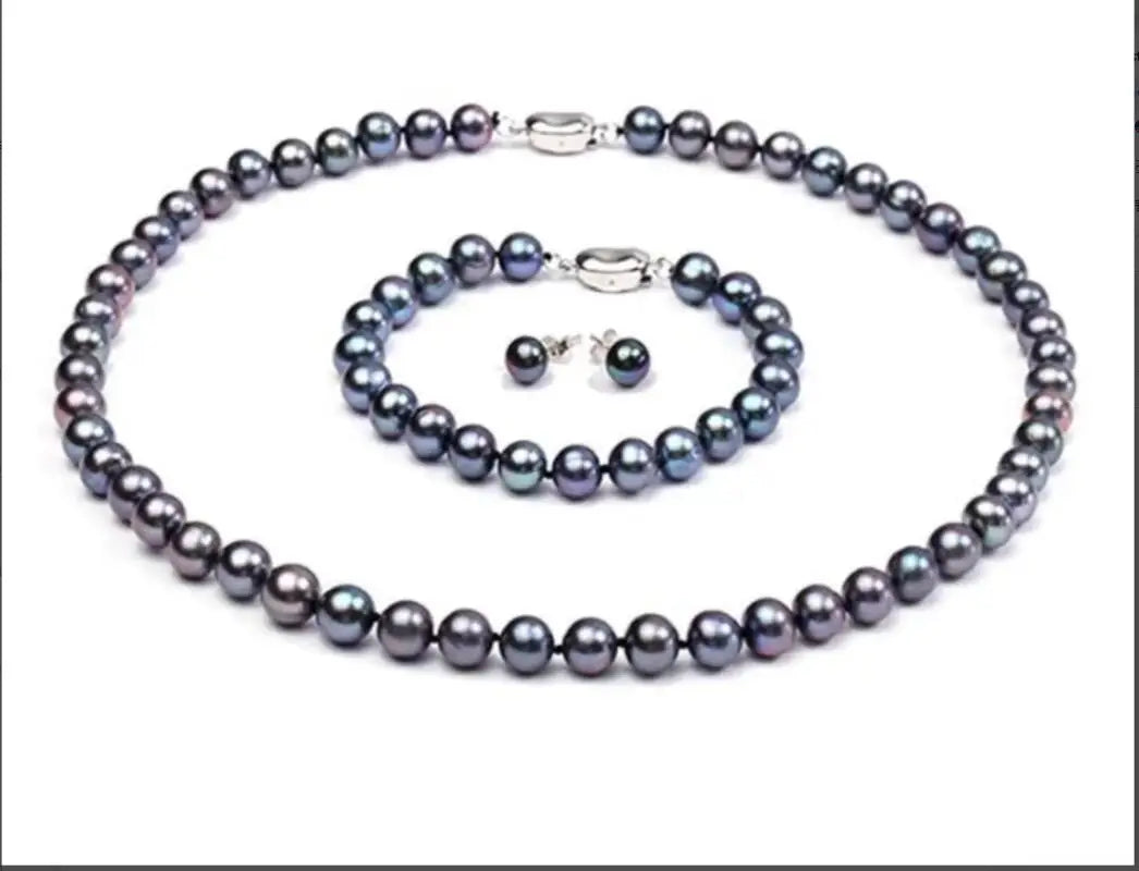 Gorgeous AAAA Grade 9-10mm Tahitian Black Pearl Necklace Bracelet Earring Set 925 Sterling Silver Fashion Jewelry Set