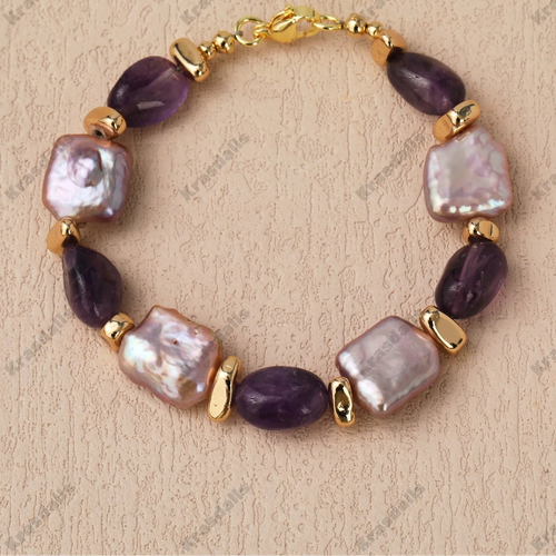 18K Gold Plated Natural Baroque Purple Rectangular Pearl Bracelet With Amethyst and Hematite Cute Vintage Styl