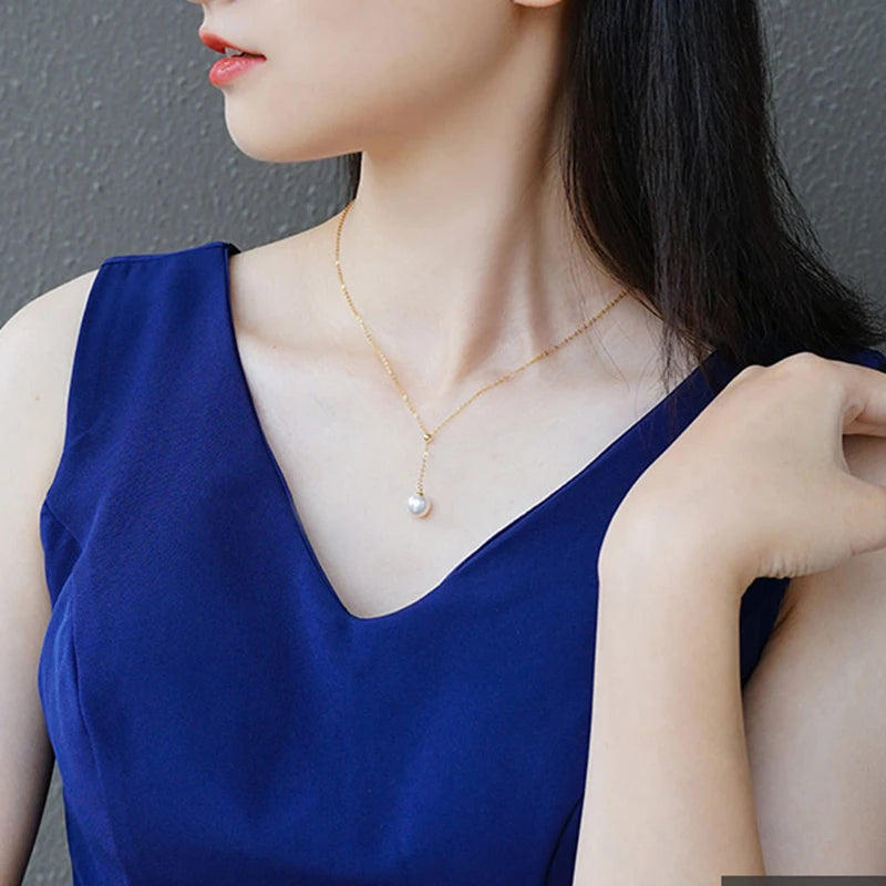 Pure 18k Yellow Gold  7.5-9.5mm  Natural freshwater Pearl Necklace pendant