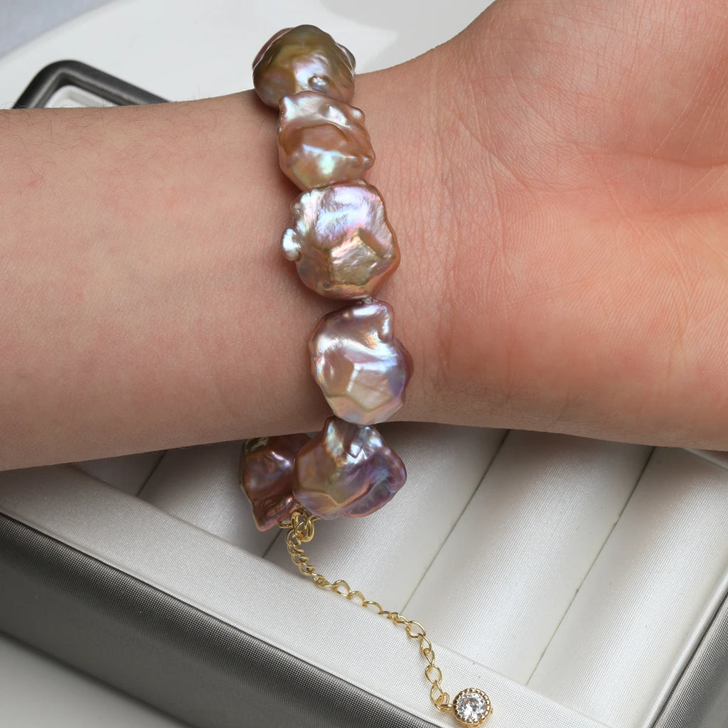 Freshwater Alien Pearl Bracelet Natural Colors Colorful Metal Light Irregular Baroque Bracelet with Zircon Strange Jewelry