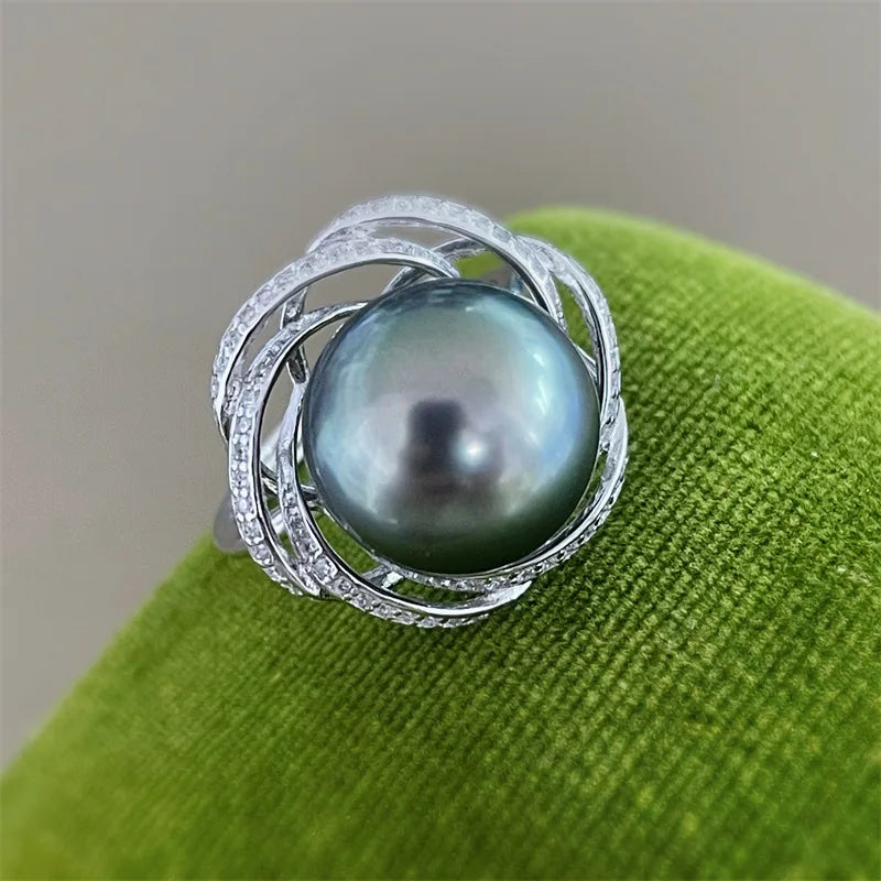 Natural Tahitian Black Round pearl AAAA+  12-13mm 925 Silver Designer Huge Ring