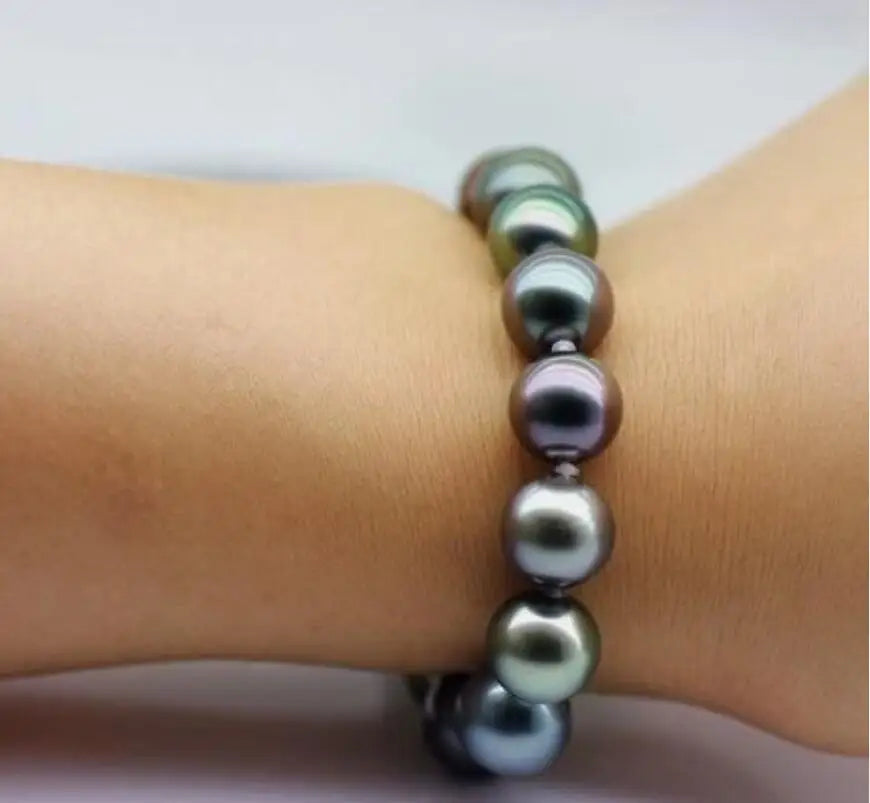 7.5" 10-9MM TAHITIAN GENUINE BLACK ROUND PEARL 925s BRACELET