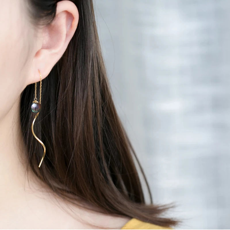 Perfect Round Tahitian Black Pearl Earrings For Women,Real 18k Gold Pearl Earrings Wedding Bride Gift