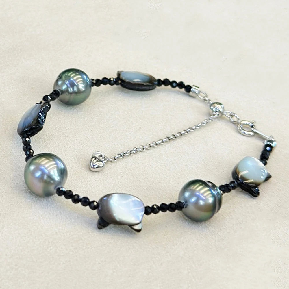 9-10mm Tahitian Black Pearl with 925 Silver Necklace and Bracelet Jewelry Set