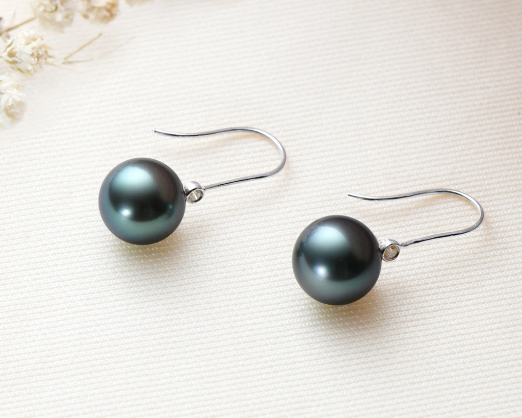 18K Gold Natural Tahitian Cultured 8-9mm Black Pearl Diamond Ear Hook