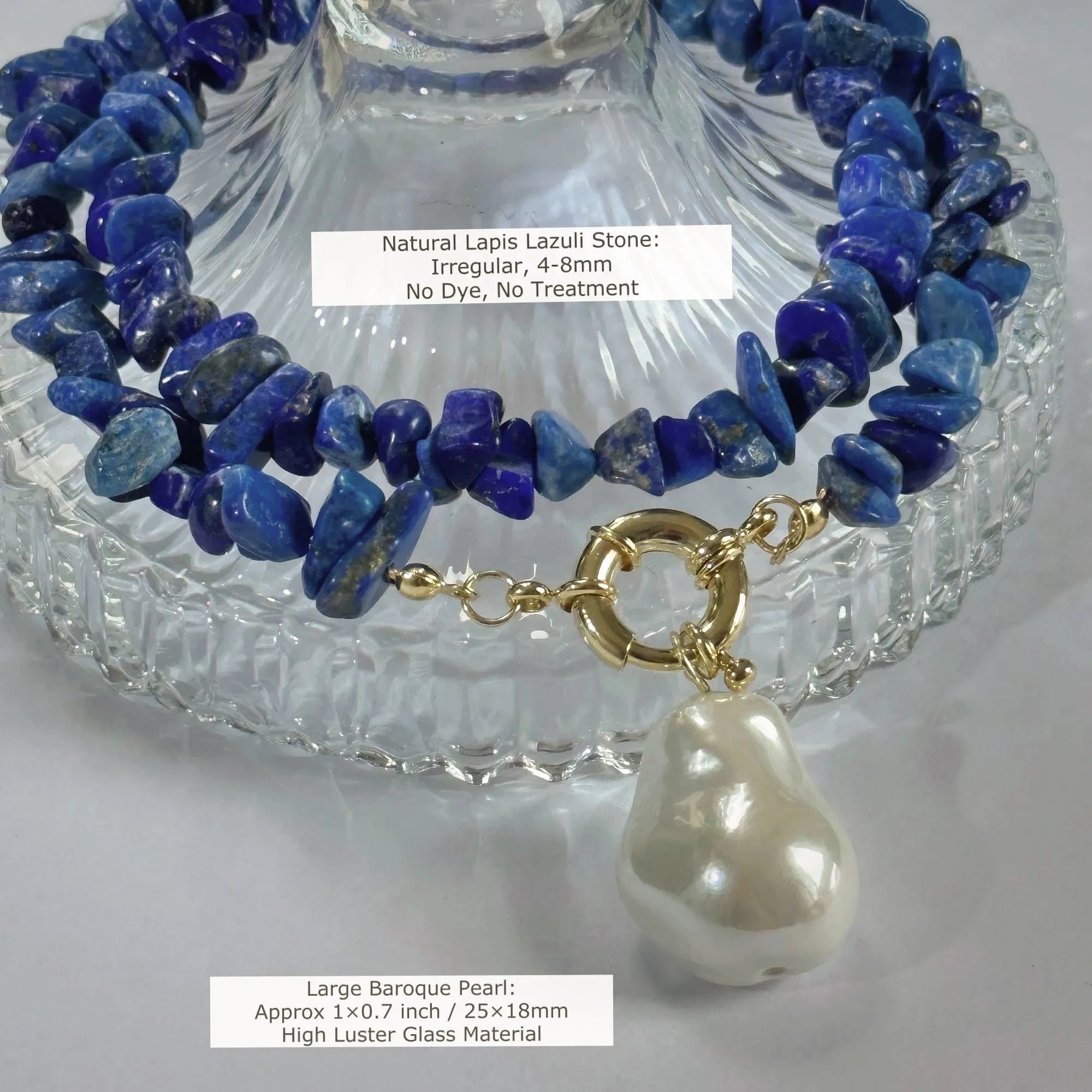 Natural Lapis Lazuli Large Glass Baroque Pearl Pendant Necklace