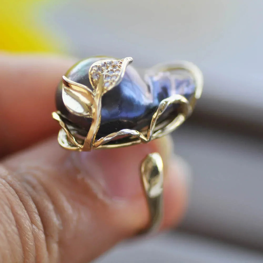 Classic Natural South Sea Black Baroque Pearl Pearl AAA15-20mm 925s Ring