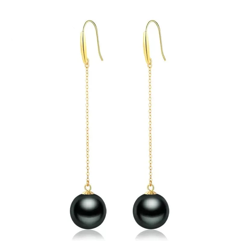 Tahitian Black Pearl Earrings 18K Gold Plated Long Drop Dangle Earrings