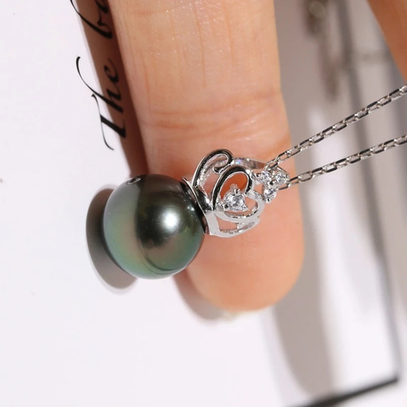 Designer HUGE AAAA 9-10mm Tahitian Black pearl Pendant Necklace 18 Inch 925 Silver