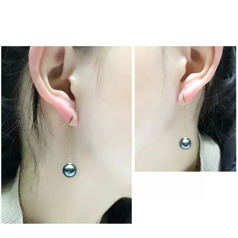 Tahitian Black Pearl Earrings 18K Gold Plated Long Drop Dangle Earrings