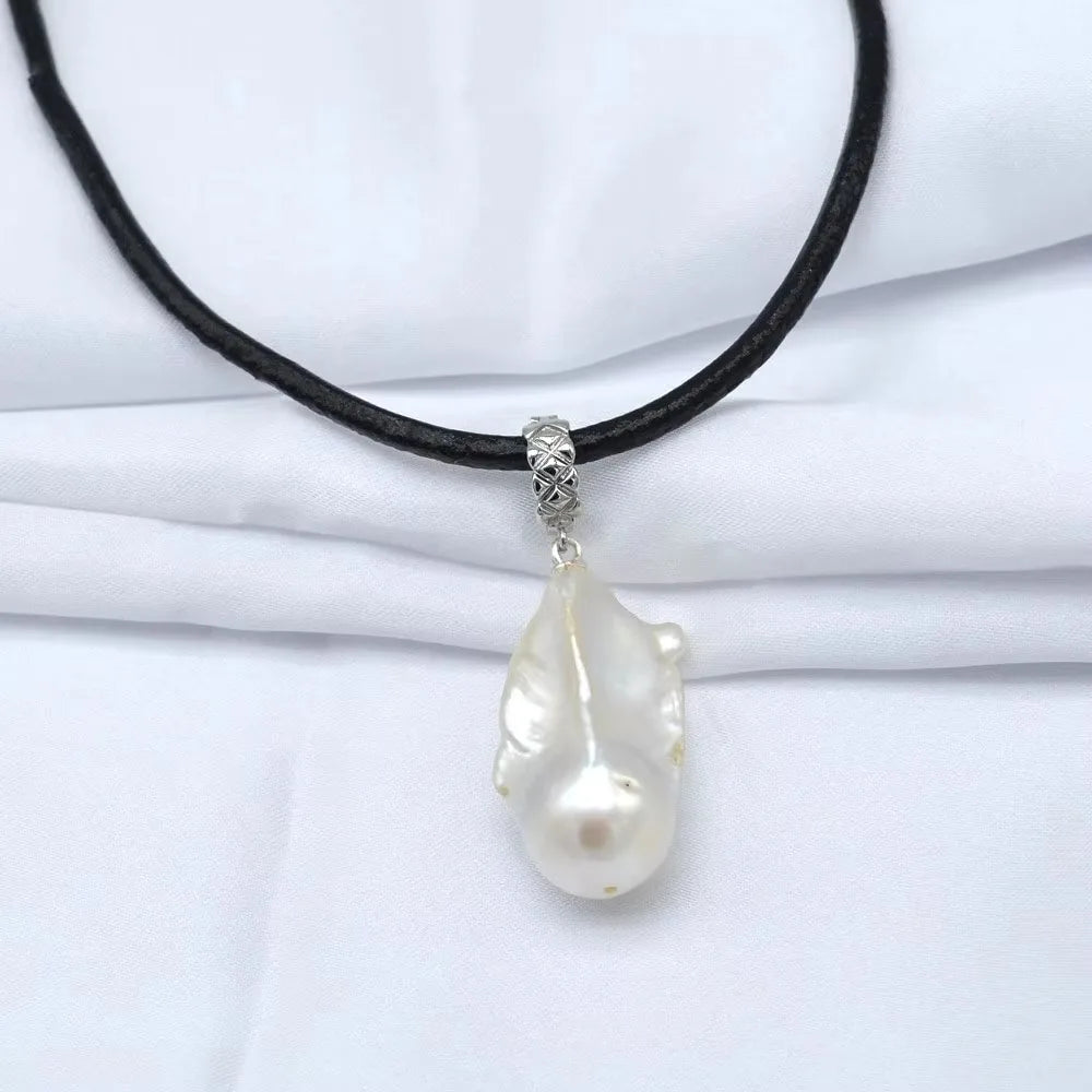 White Natural Baroque Large Pearl Pendant OT Buckle Black Leather Necklace
