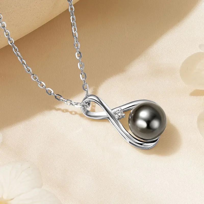Round Tahitian Black Pearl Moissanite Infinity  925 SilverPendant Necklace