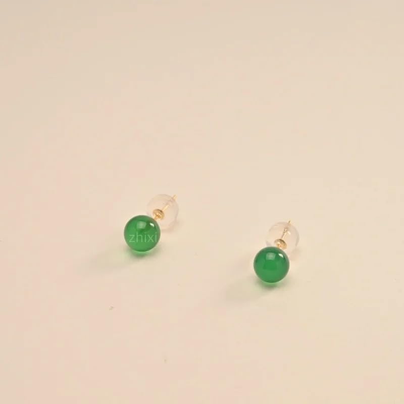 Zhixi 18K Yellow Gold Drop Earrings, Green Agate Round Beads, 5-6MM, Long Chain, Fashion Wedding Party Gift for Women