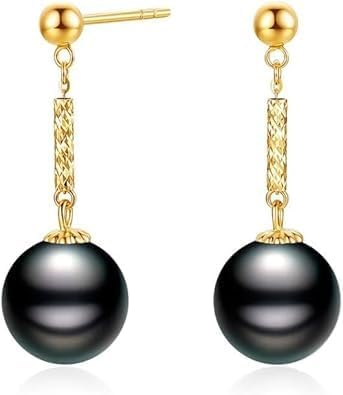 Real 18K Gold Black Tahitian Pearl,Perfect Round Pearl Earring