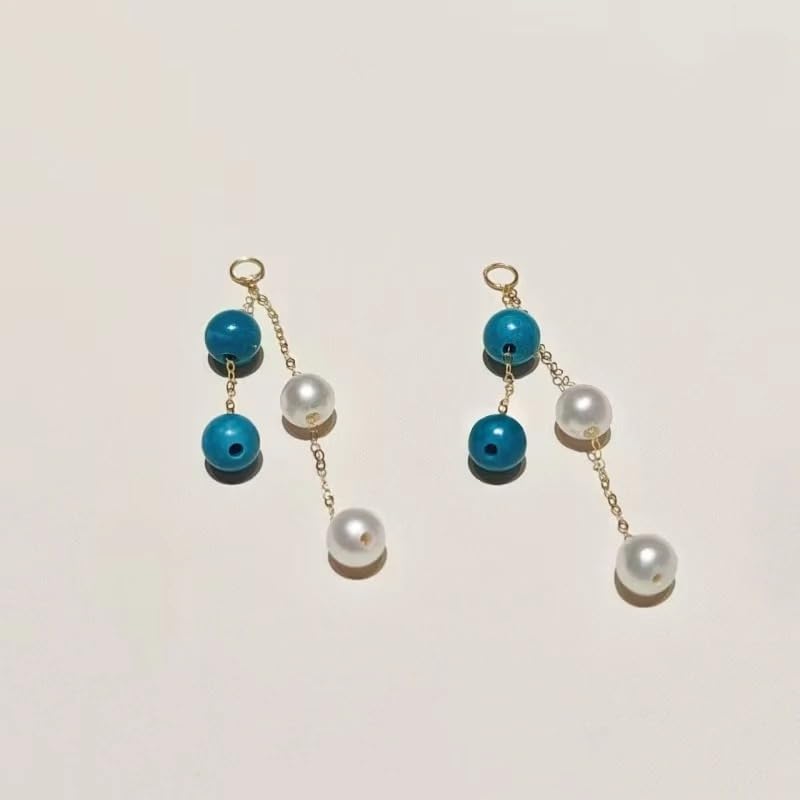 Natural Freshwater Pearl and Turquoise Bead Drop Earrings, 18K Gold Chain, Long Dangle Style, Women's Jewelry