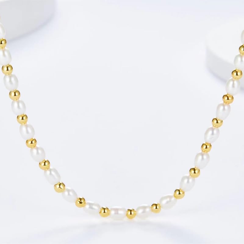 Natural Freshwater Pearl S925 Silver Gold Plated Beads Strand Chain Necklace For Women