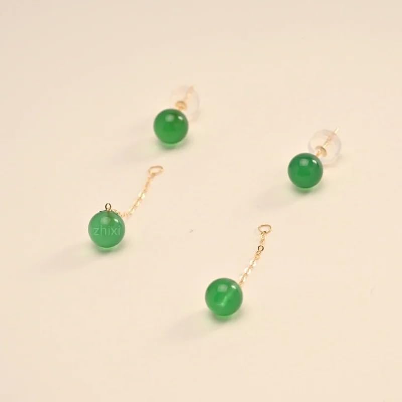 Zhixi 18K Yellow Gold Drop Earrings, Green Agate Round Beads, 5-6MM, Long Chain, Fashion Wedding Party Gift for Women