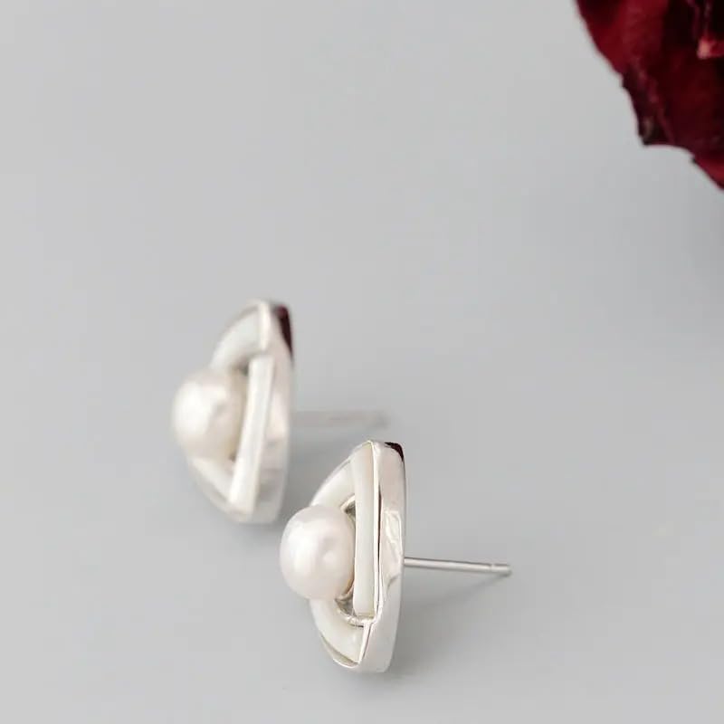 Sterling Silver Triangular Pearl Stud Earrings, Natural Freshwater Pearl Inlaid, 925 Silver Geometric Design