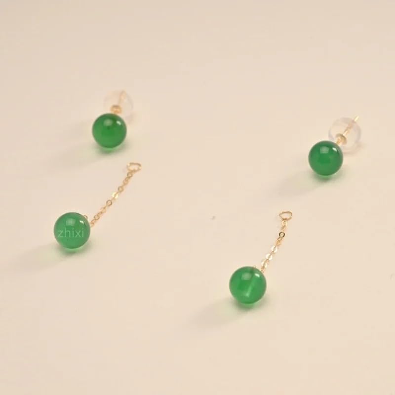 Zhixi 18K Yellow Gold Drop Earrings, Green Agate Round Beads, 5-6MM, Long Chain, Fashion Wedding Party Gift for Women
