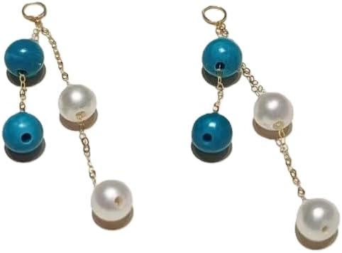 Natural Freshwater Pearl and Turquoise Bead Drop Earrings, 18K Gold Chain, Long Dangle Style, Women's Jewelry