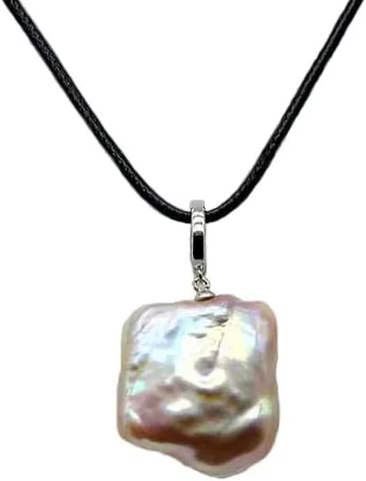 Natural Baroque Pearl Pendant Necklace, Freshwater Square Pearl, Sterling Silver 925, Purple Iridescent, Black Leather Cord