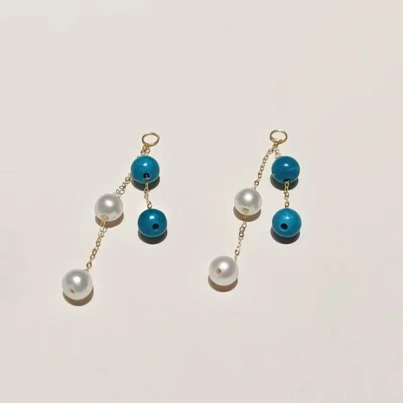Natural Freshwater Pearl and Turquoise Bead Drop Earrings, 18K Gold Chain, Long Dangle Style, Women's Jewelry