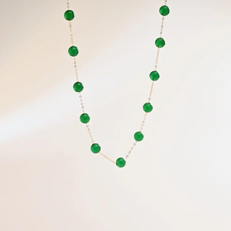 18K Gold Natural Green Agate Necklace, Elegant Chain with Emerald Color Beads, Fine Jewelry for Women