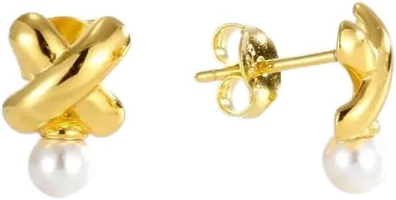 925 Sterling Silver X Cross Pearl Stud Earrings for Women