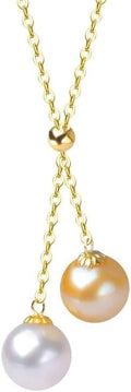 18K Gold Akoya Pearl Pendant Necklace, 7-8mm Round Dual Pearl Drop, Au750 Pure Gold Chain, Party Jewelry Gift for Women