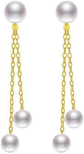 18K Gold Pearl Drop Earrings, AKoya Round Seawater Pearl, Dangle Chain Style, Wedding Gift for Women