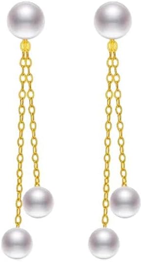 18K Gold Pearl Drop Earrings, AKoya Round Seawater Pearl, Dangle Chain Style, Wedding Gift for Women