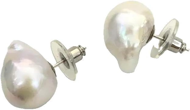 Natural Freshwater Baroque Pearl Stud Earrings, White Lustrous, Pear Shaped, Fire Ball Style, Special Tissue Nucleated
