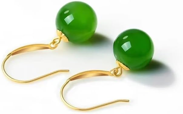 18K Gold Natural Green Chalcedony Drop Earrings, Elegant Dangle Style with Round Gemstone Beads