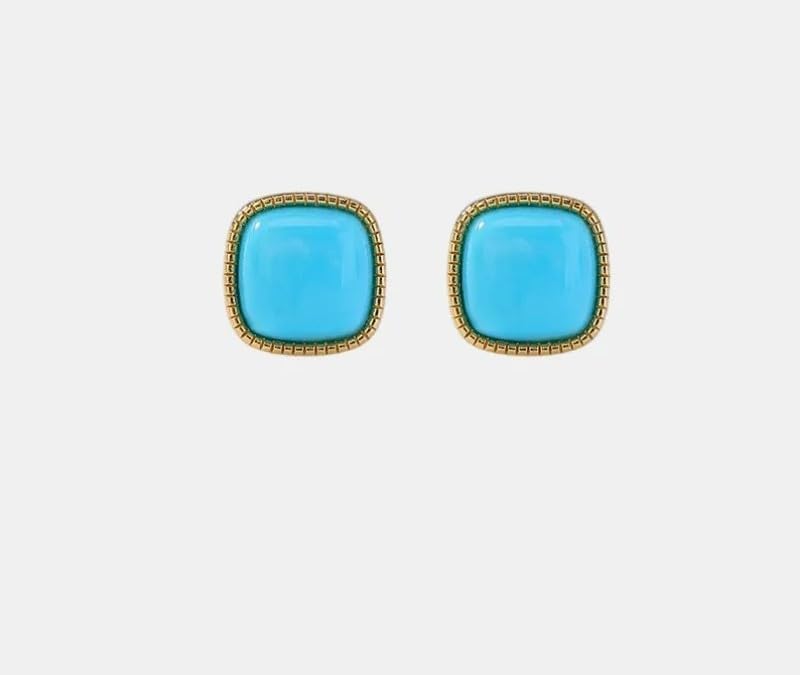 925 Silver Gold Plated Turquoise Square Stud Earrings