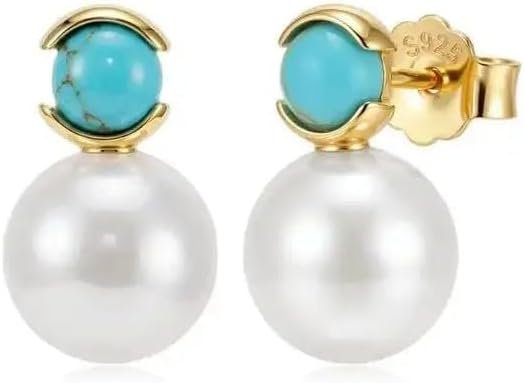 Big Pearl Ball Charm Round Turquoise 925 Sterling Silver Stud Earrings
